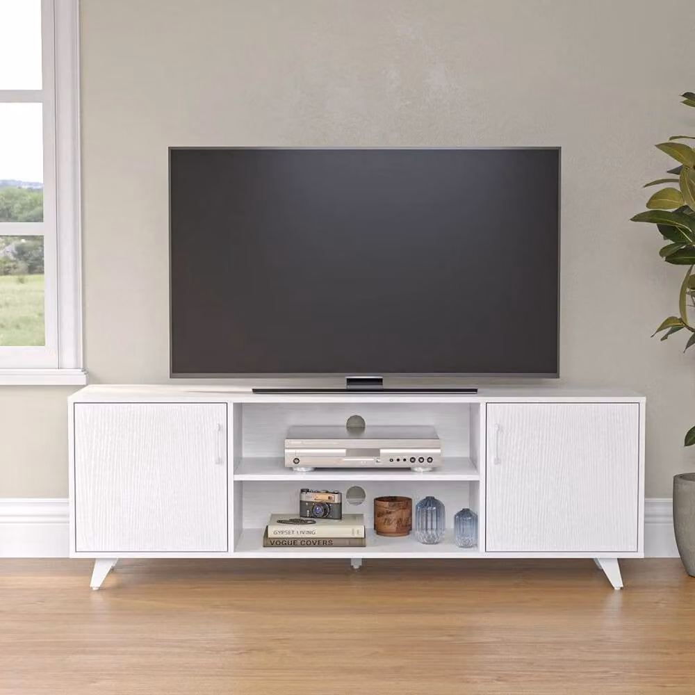 KORVIXA Modern White Wood 2 Door TV Unit Stand Cabinet W/D/H: 100 x 100 x 100 cm – 2
