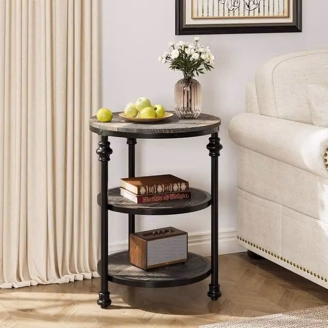 London Boutique 3 Tier Round Industrial Coffee Table and Side Table in Dark Brown
