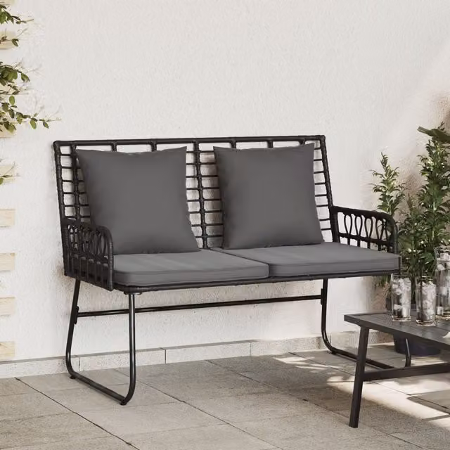 Berkfield Home Modern Garden Bench with UV-Resistant Cushions in Black Poly Rattan and Powder-Coated Steel – 1