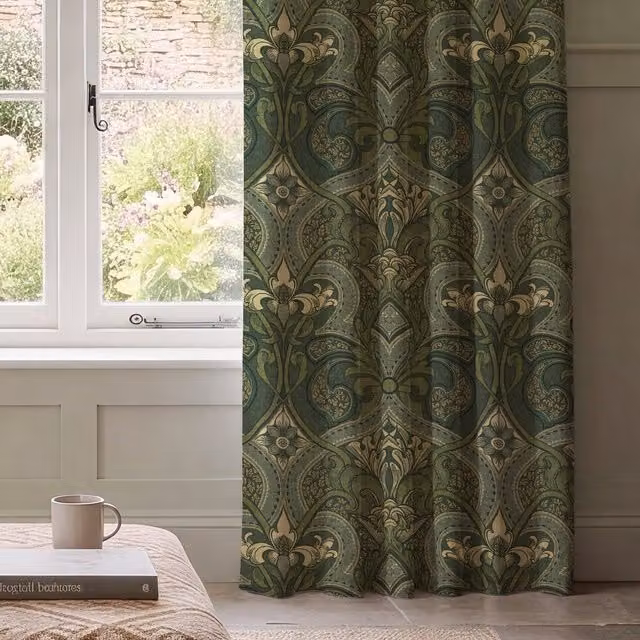 House Llewelyn-Bowen Gwendoline Printed Damask Made To Measure Blackout Curtains in Petrol Blue, Green and Blue Floral Cotton Fabric