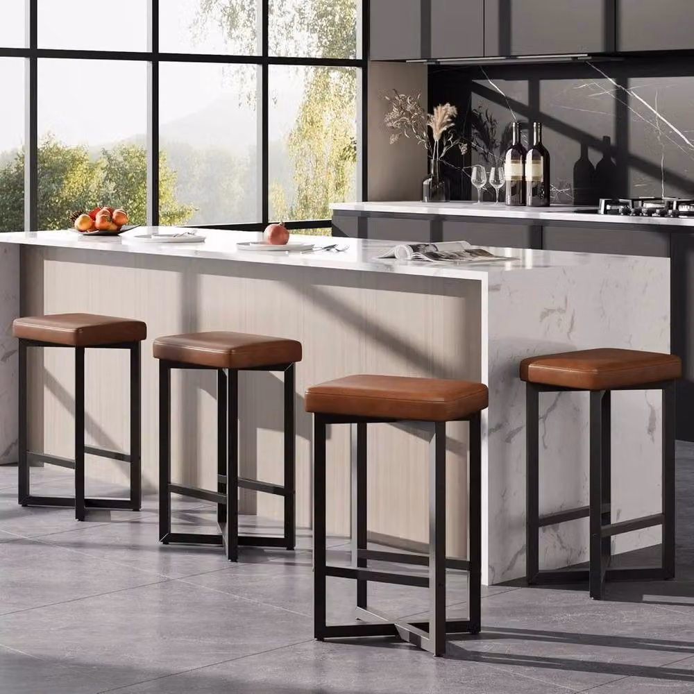 VOGREX Set of 4 Brown Synthetic Leather Upholstered Backless Counter Height Bar Stools with Metal Frames – 4