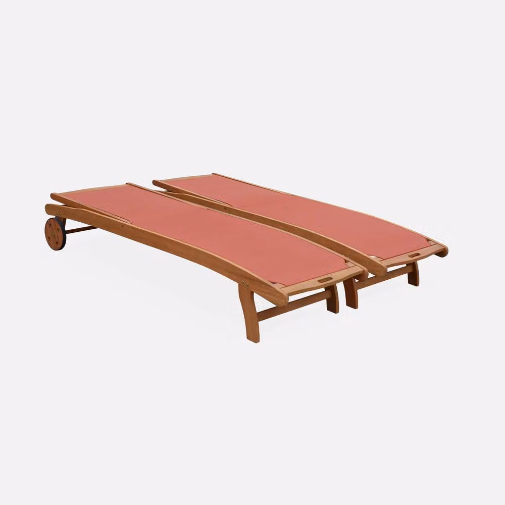 sweeek Pair of Modern Terracotta Wooden and Textilene Sun Loungers with Adjustable Headrests and Castors – 2