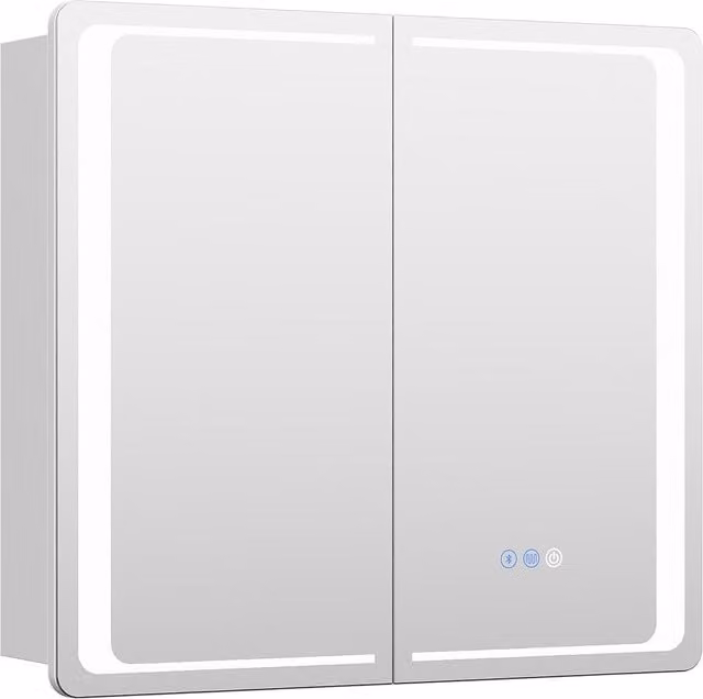 Livingandhome Modern Silver Double Door Bathroom Mirror Cabinet with LED Lighting and Anti-Fog Feature