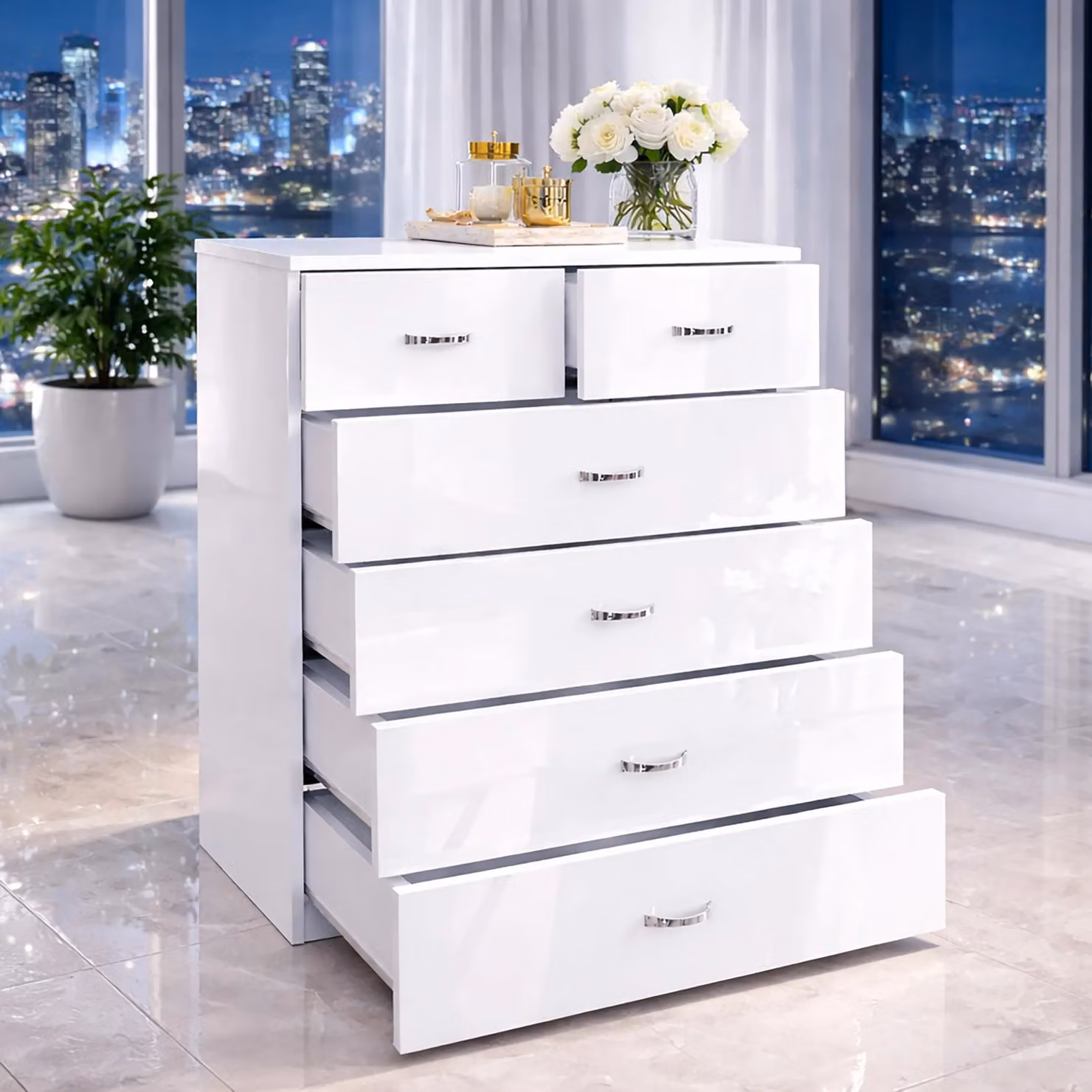 Harmin High Gloss 6 Drawer Chest of Drawers in White – 2