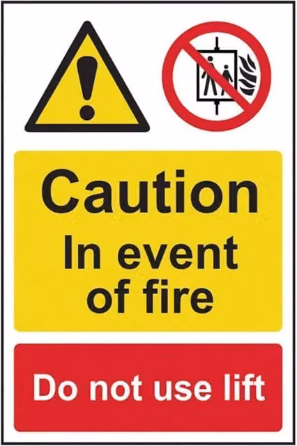 Scan Caution Event of Fire Do Not Use Lift PVC Sign, Yellow and Multicolour, W: 20 cm, H: 30 cm