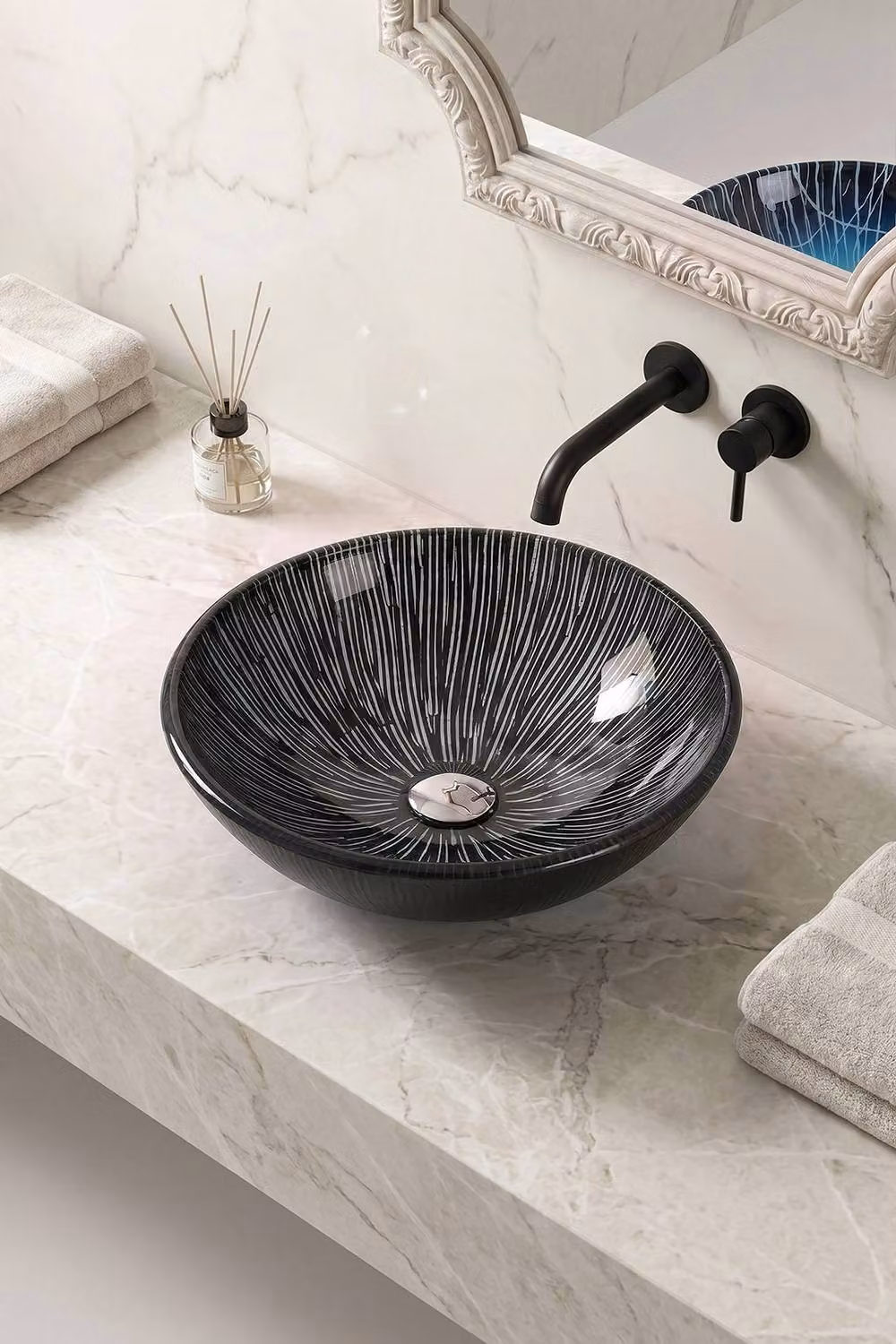 Living and Home Black Round Glass Countertop Vessel Sink – 3