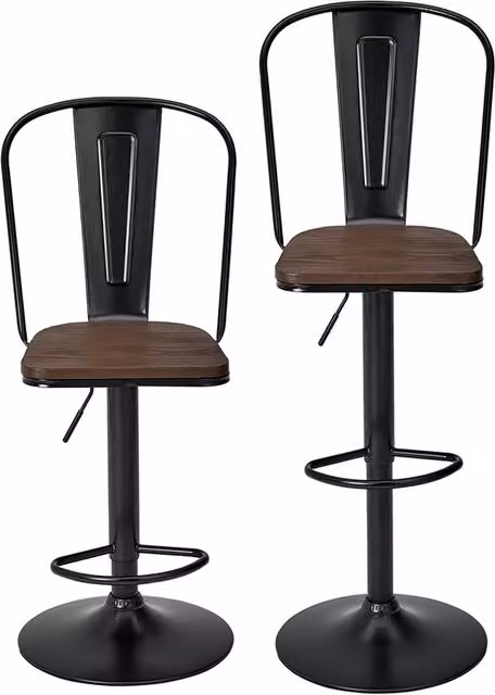 Livingandhome Set of 2 Adjustable Industrial Bar Stools with High Backrest and 360 Degree Swivel in Brown and Black