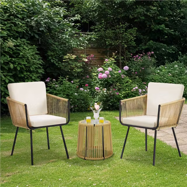 Yaheetech 3-Piece Modern Outdoor Patio Bistro Set in Beige Rattan and Metal with Glass Top