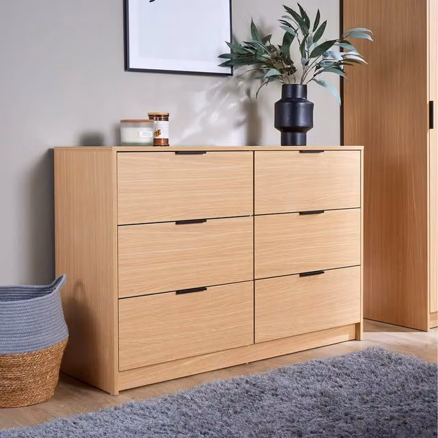Home Source Phoenix Wide 6 Drawer Storage Chest in Oak Effect