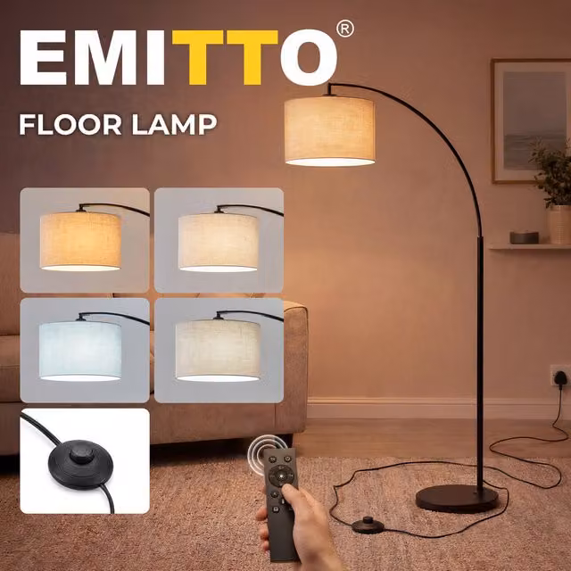 Emitto Arc Floor Lamp in Black with Remote Control, Foot Switch and Dimmable LED