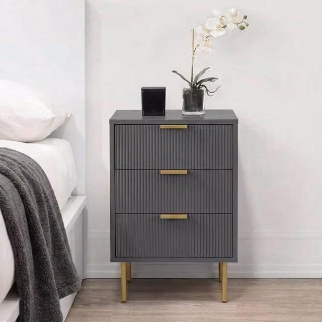 OHS Ribbed 3-Drawer Bedside Cabinet in Charcoal Grey Anthracite Matt Engineered Wood – 1