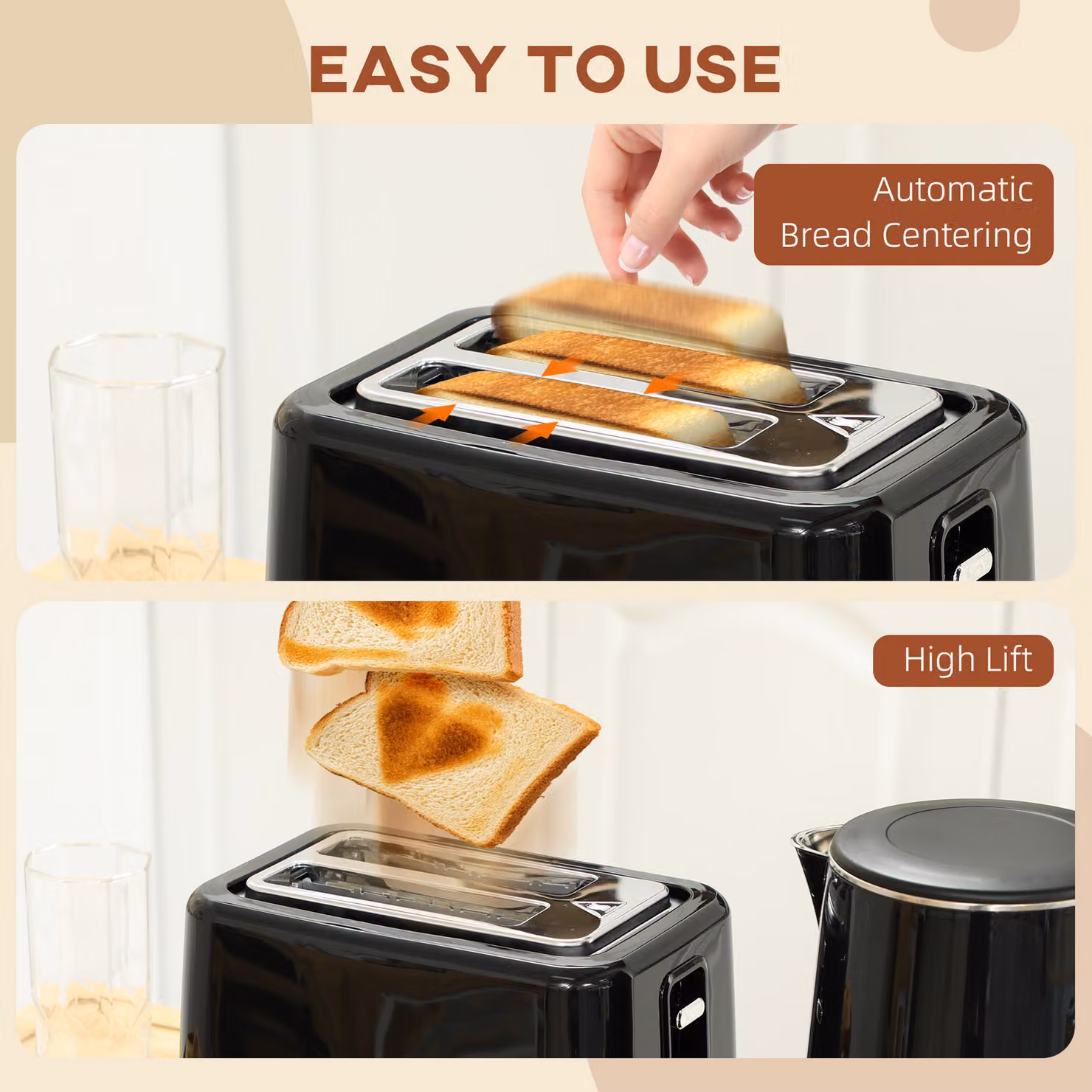HOMCOM Kettle and Toaster Set in Black, 1.5L 3000W Fast Boil Kettle with 7 Browning Control Levels – 3
