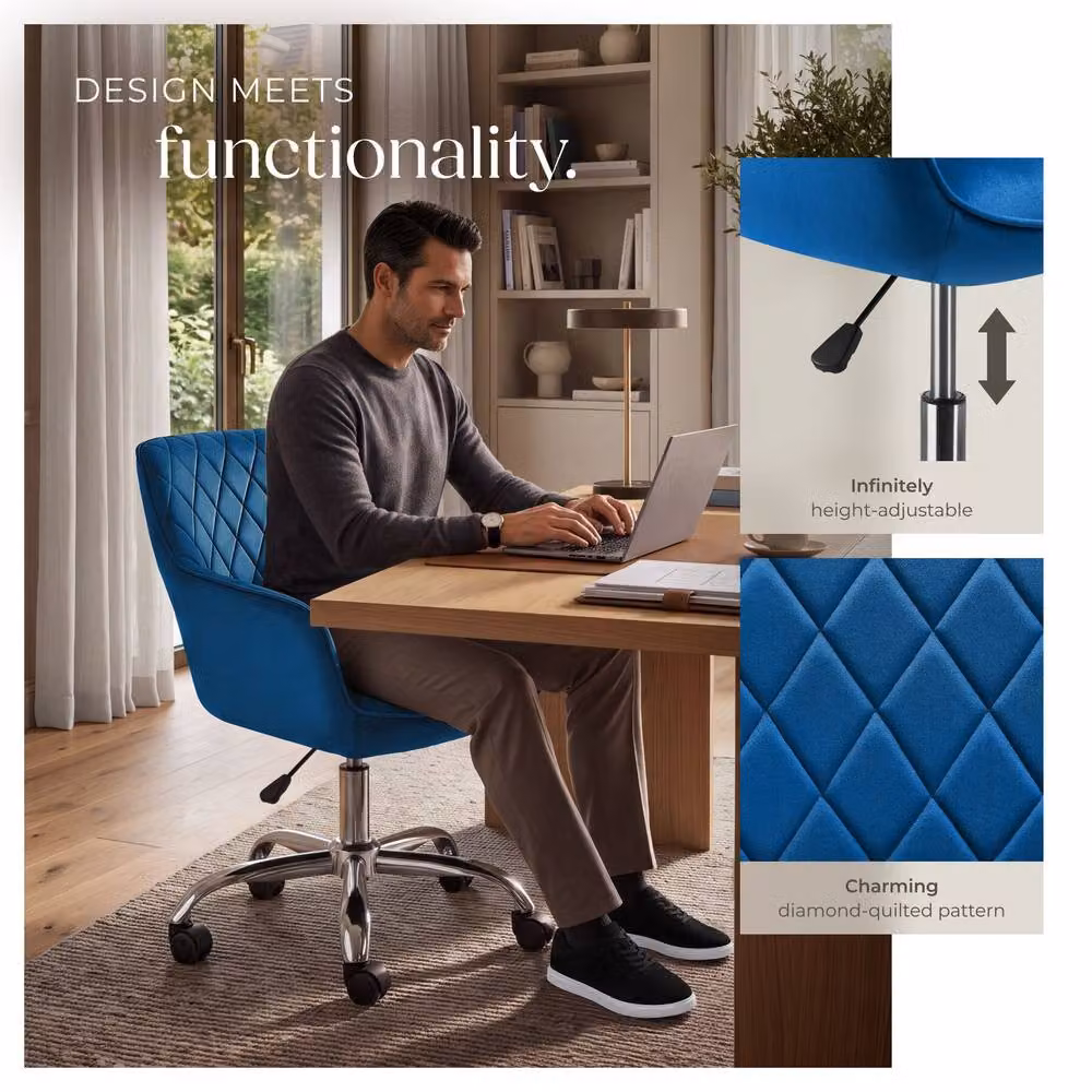 TECTAKE Nancy Modern Blue Velvet Upholstered Swivel Task Chair with Armrests and Castors – 4