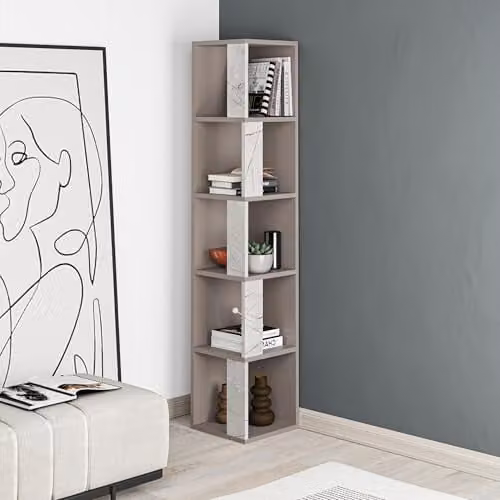 HOCUS PICUS 5-Tier Modern Corner Bookcase Shelving Unit in Grey and Gold