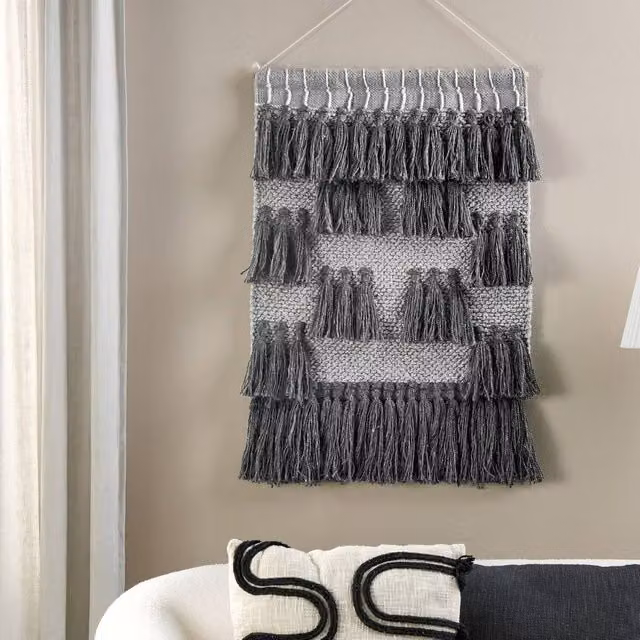 Wyld and Coco Grey Handwoven Cotton Geometric Wall Hanging with Tassels, W: 106 cm, H: 60 cm