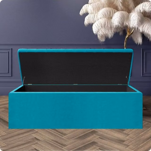 R&M Furnishers Modern Striped Plush Velvet Upholstered Blanket Chest in Petrol Teal