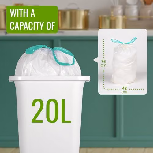 EcoBag 40 Pack White Heavy Duty Kitchen Drawstring Bin Liners, 20L, 24 Microns, W: 42.1 cm, H: 76 cm – 2