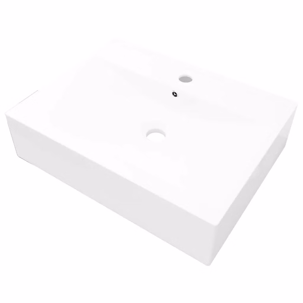 Berkfield Home Rectangular Ceramic Wall Mounted Basin Sink in White with Faucet Hole, W: 60 cm, D: 46 cm, H: 16 cm – 2