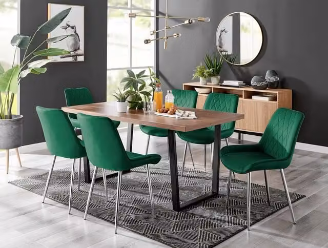 FurnitureboxUK Kylo Brown Wood Effect Rectangular Dining Table and 6 Green Pesaro Velvet Chairs with Silver Legs – 1