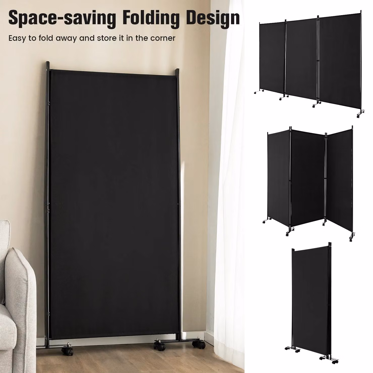 Costway 3 Panel Rolling Room Divider Privacy Screen in Black – 4