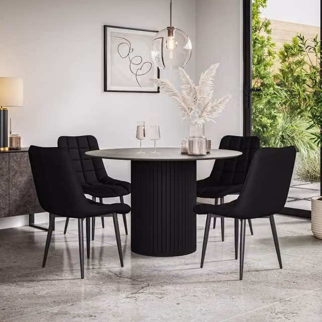 More4Homes Arlo Concrete Round Dining Table with Black Legs and 4 Nova Grey Faux Leather Dining Chairs Set, W: 120 cm, H: 75 cm – 1