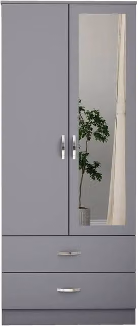 FLAVORA Matt Grey 2 Door 2 Drawer Wardrobe with Mirror and Hanging Rod