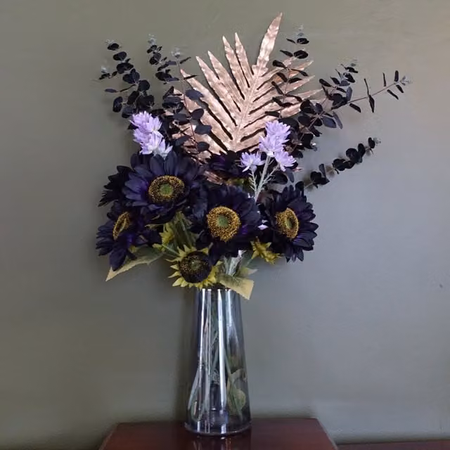 Purple Sunflower and Gold Leaf Glass Floral Tabletop Vase, H 28.0 cm x W 13.5 cm x D 13.5 cm