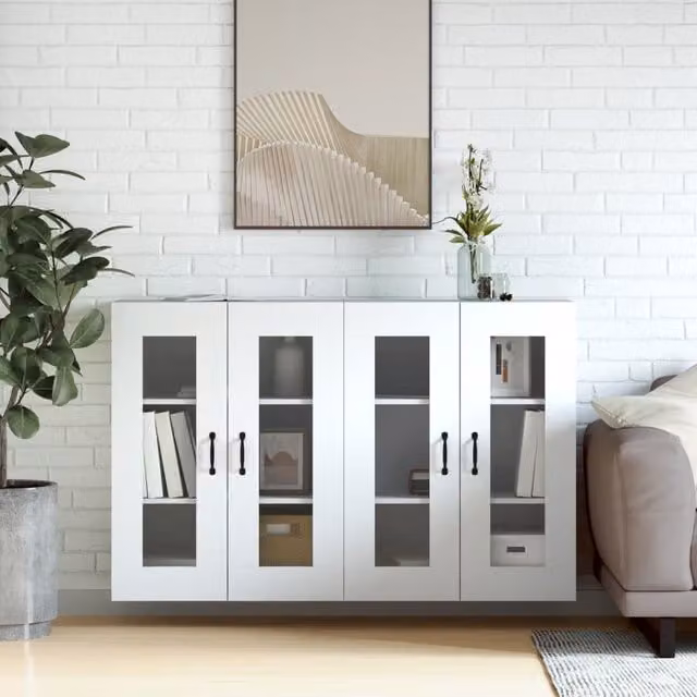 Berkfield Home Set of 2 White Modern Wall Mounted Cabinets with Glass Doors and Internal Shelves