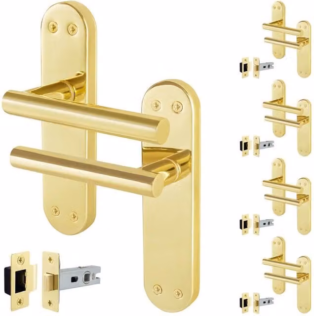 AFIT Polished Brass T-Bar Internal Handles with Latch Backplate, Gold, 5 Pairs, W/D/H: 150 x 100 x 17.5 mm