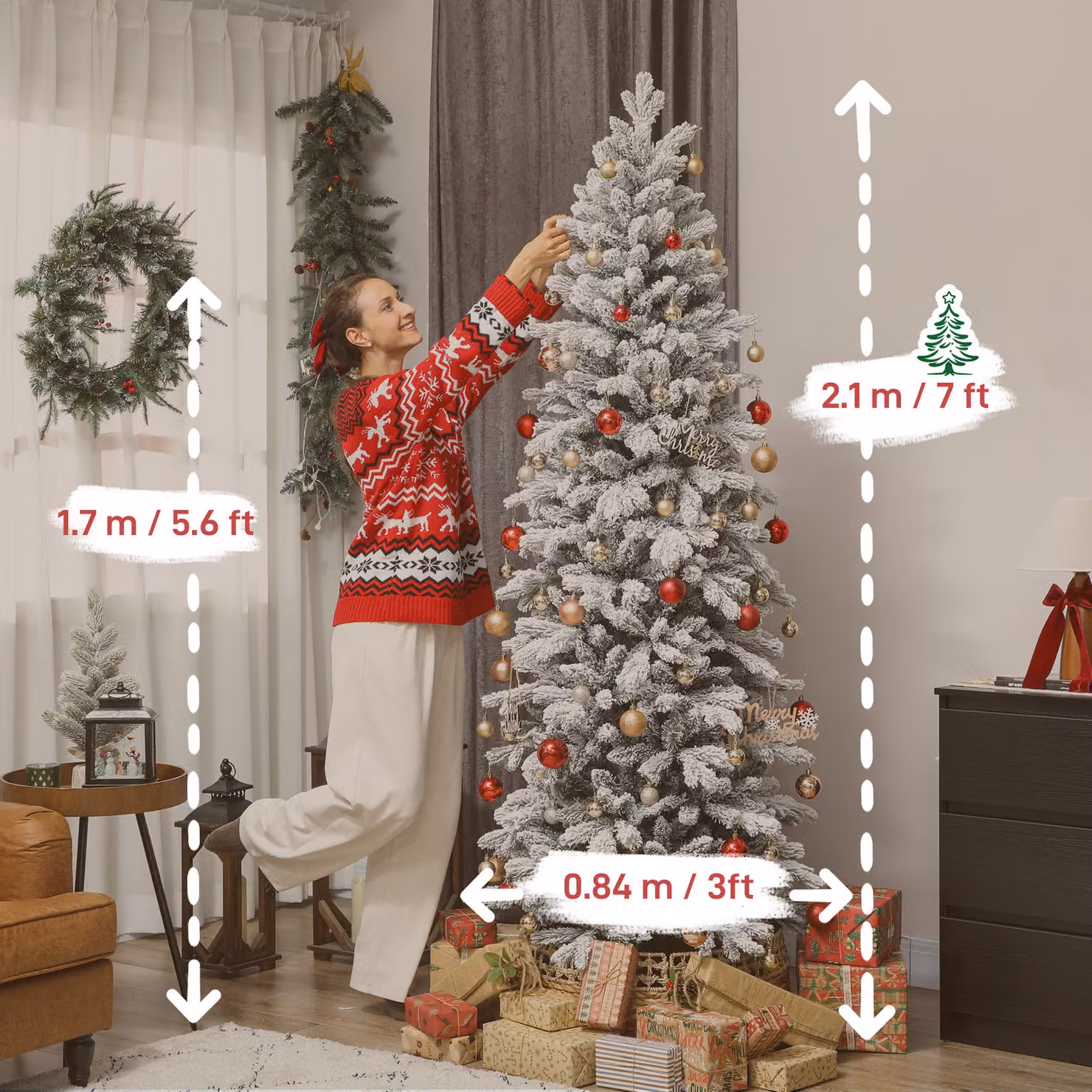 HOMCOM 7ft Flocked Artificial Christmas Tree in Green and White – 3