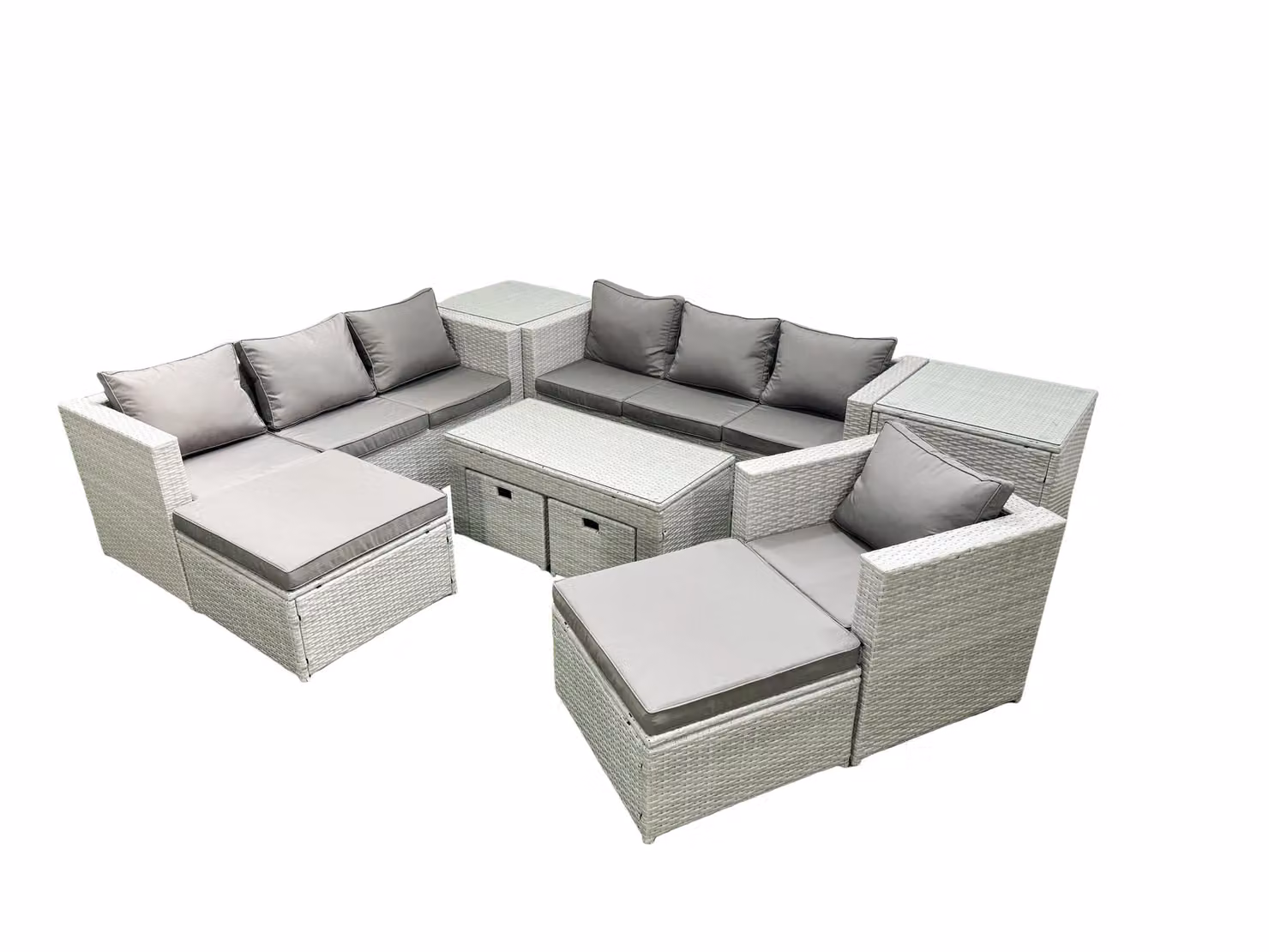 Fimous 11 Seater Outdoor Rattan Garden Furniture Set in Light Grey with Grey Cushions, Coffee Table and 2 Side Tables – 2