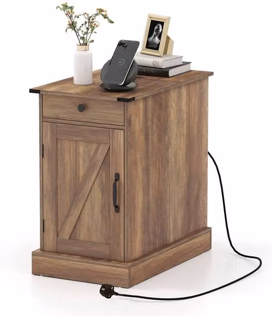 Gymax Brown Farmhouse End Table with Charging Station and Cabinet