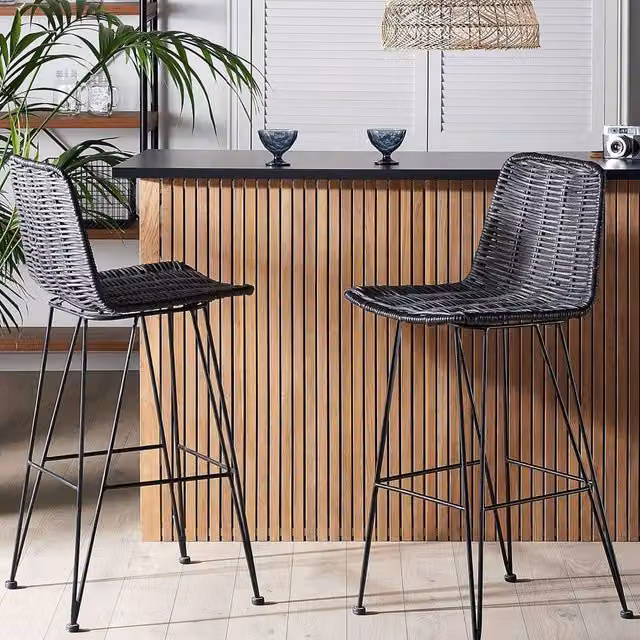 Wyld and Coco Set of 2 Black Rattan Bar Chairs with Matt Powder-Coated Metal Frames