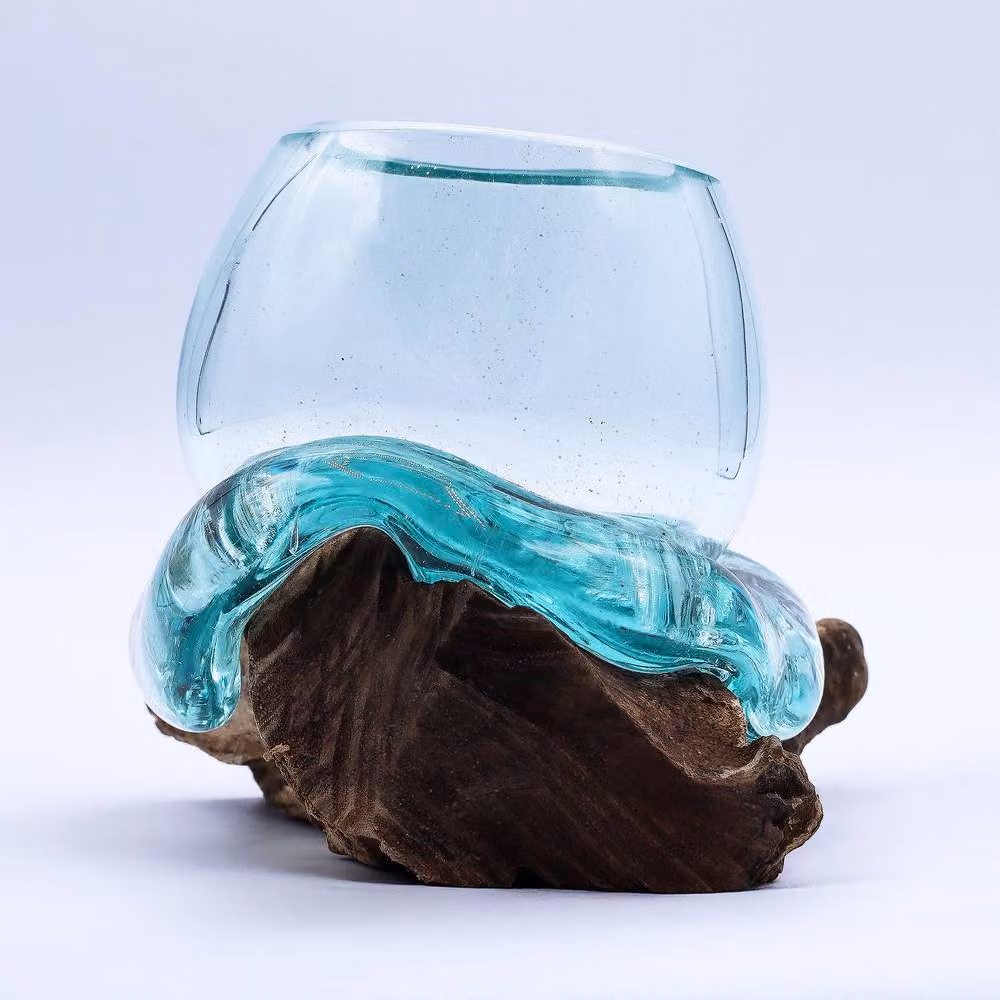 Serenityy Handcrafted Luxury Molten Glass Tabletop Ornament in Transparent with Natural Wood Base, Diameter: 20 cm – 2