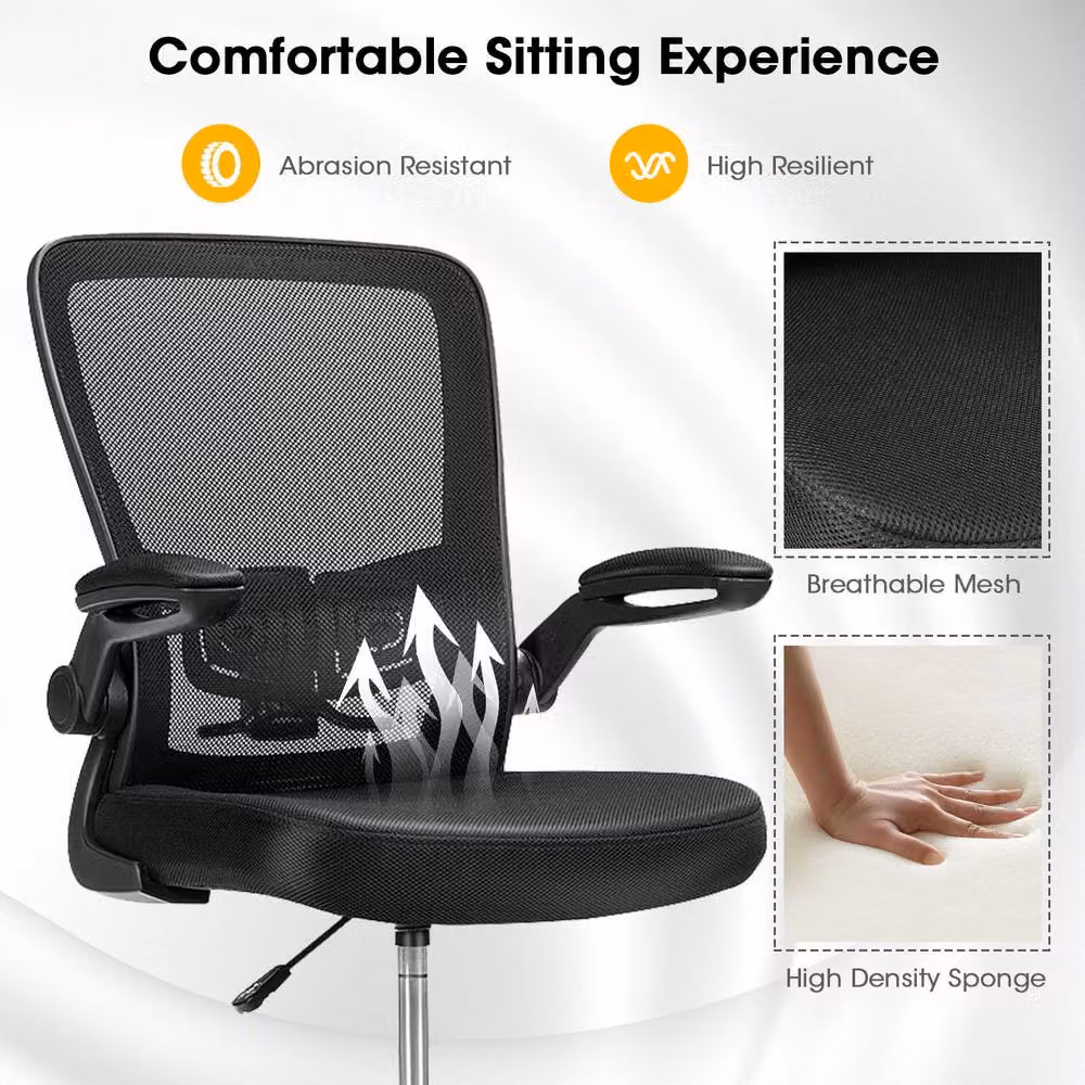 Gymax Ergonomic Black Mesh Drafting Chair with Flip-up Armrests and Swivel Base – 5