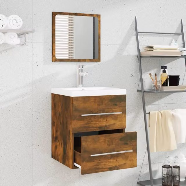 Berkfield Home Wall Mounted Bathroom Sink Cabinet with Built-in Basin in Smoked Oak Brown, W/D/H: 48.0 x 41.0 x 38.5 cm