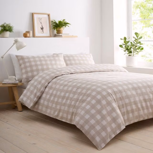 Portfolio Home Gingham Check Bedding Duvet Cover and Pillowcase Set in Brown and Beige, Super King, Duvet Cover: 200 x 200 cm, Pillowcase: 50 x 75 cm