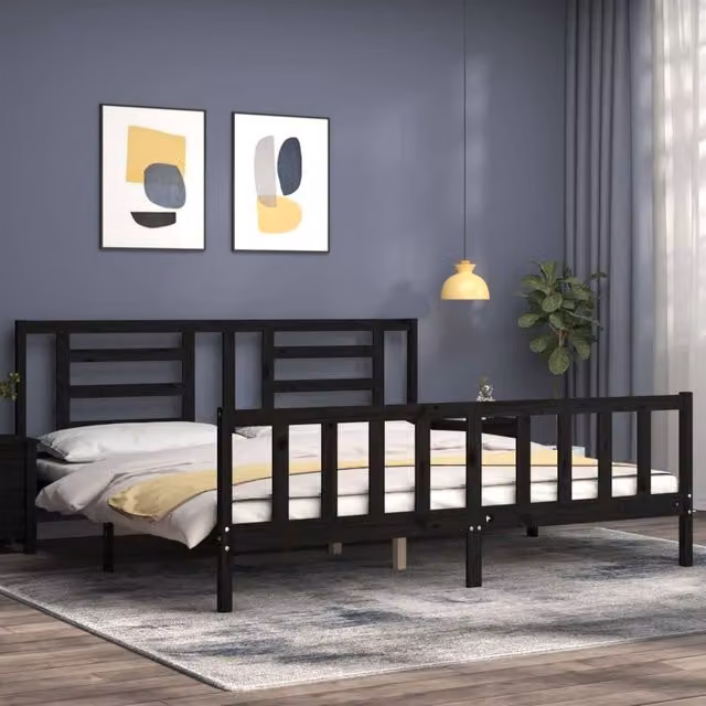 Berkfield Home Beautiful Bed Frame with Headboard in Black Solid Pine Wood W/D/H: 200 x 200 x 205.5 cm
