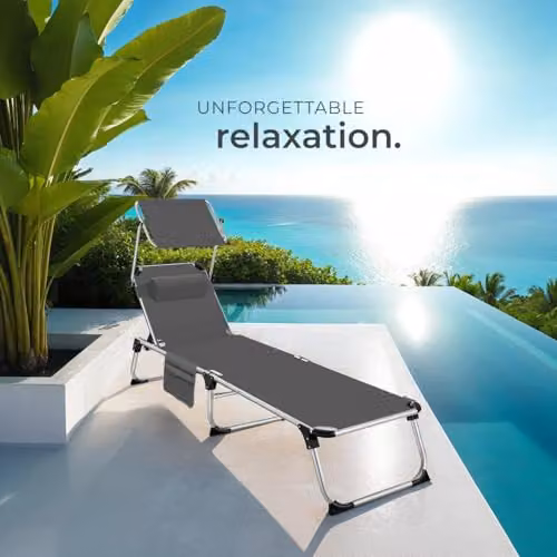 tectake Aurelie Folding Sun Lounger in Grey with Powder Coated Aluminium Frame, Sun Canopy and Adjustable Headrest – 6
