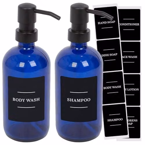 Harbour Housewares Pack of 2 Blue Glass Refillable Soap Dispensers with Pumps and Black Labels, 500ml