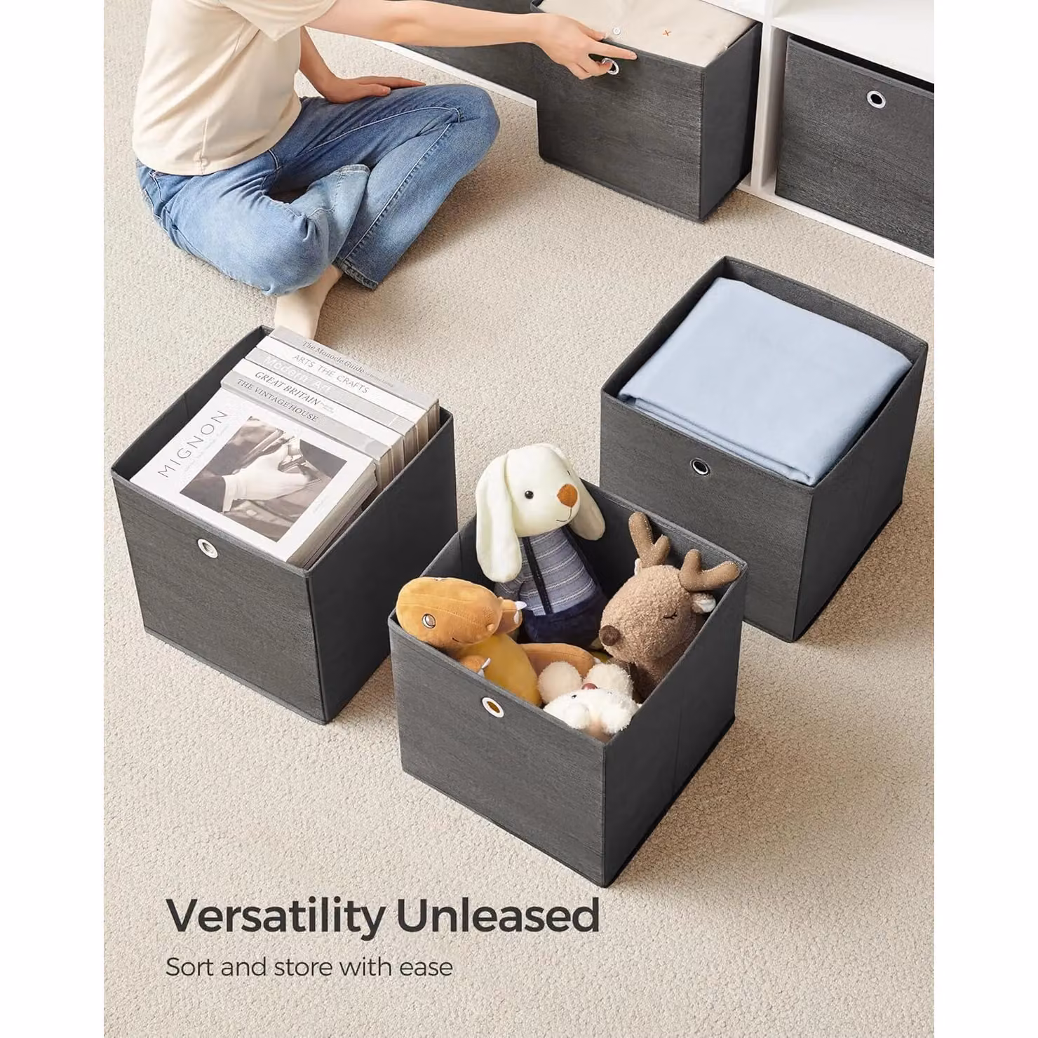 SONGMICS Large Storage Cube Set in Grey, Foldable Oxford Fabric Organisers with Handles – 3