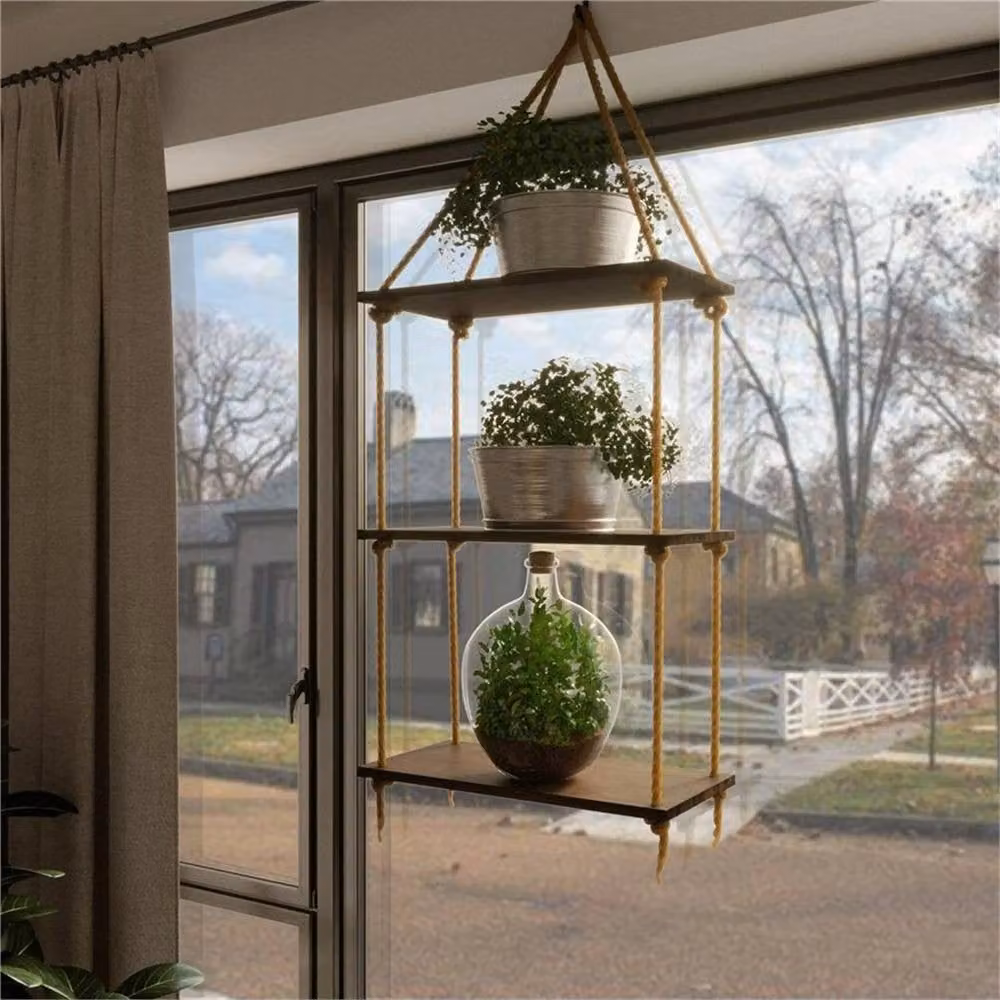 Nordara Rustic Brown Wood Hanging Rope Floating Wall Shelves – 3