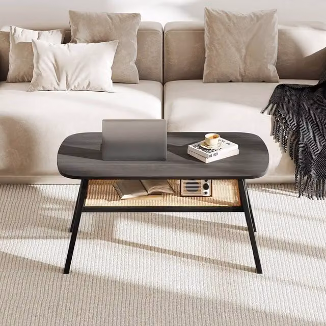 VOGREX Black and Dark Grey Rectangular 2-Tier Coffee Table with Rustic Rubberwood Finish