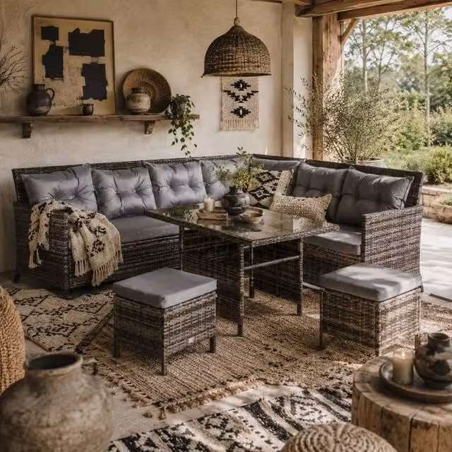 Wyld Haus Dili Grey 8 Seater Outdoor Rattan and Metal Sofa Set with Cushions and Table – 1
