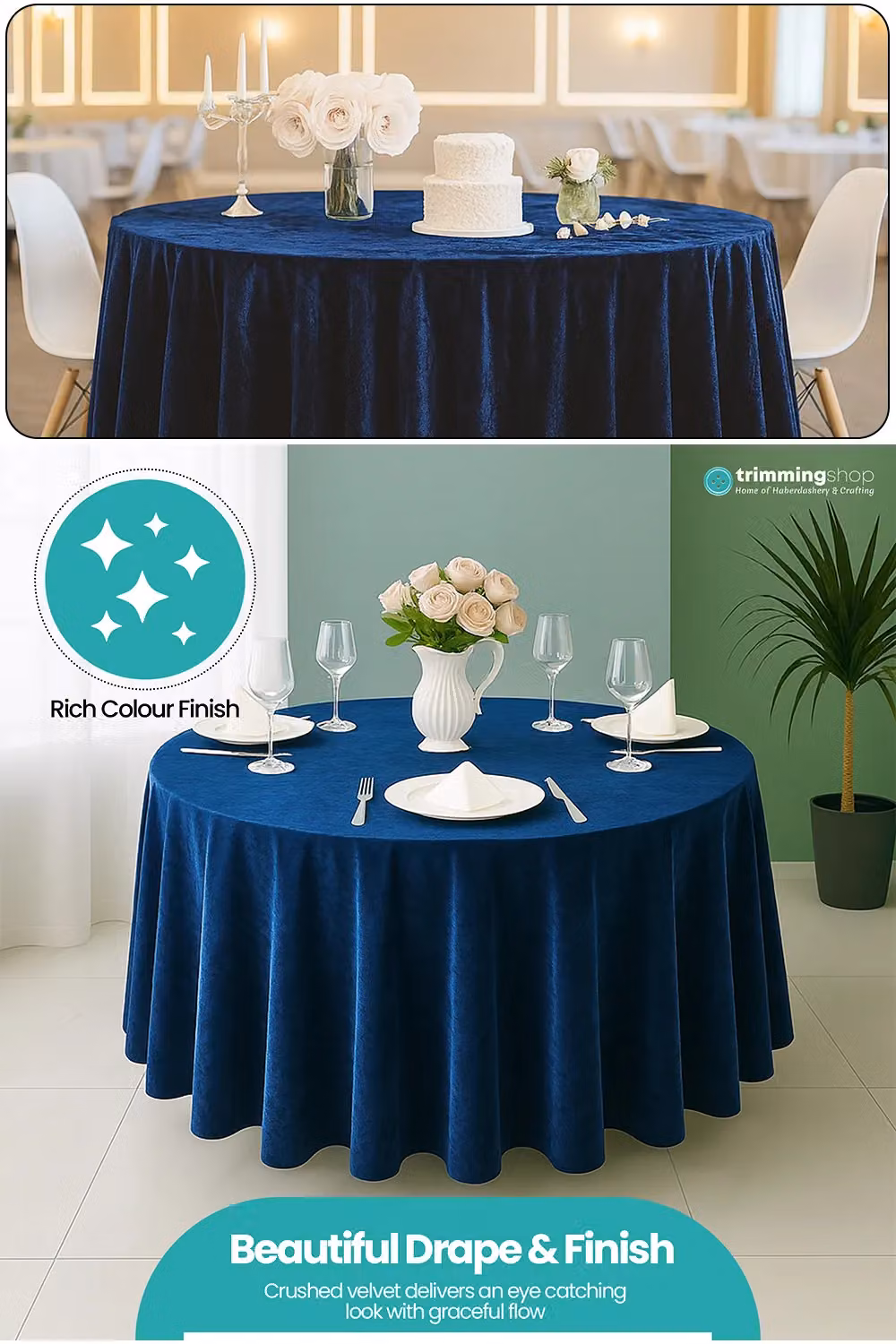 Neel Blue Diamond Velvet Round Tablecloth in Navy Blue, Diameter: 274.32 cm – 4