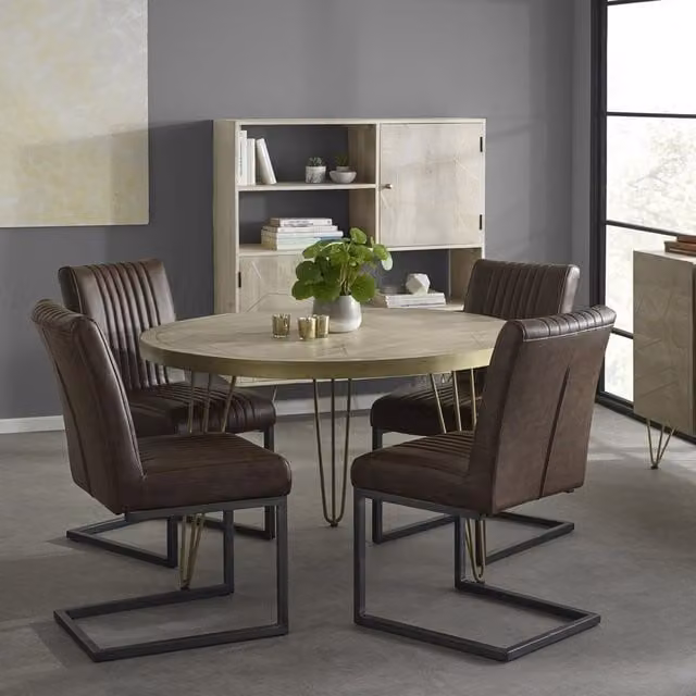 IH Design Dallas Round Solid Wood Dining Table, Mango and Gold, 4 Seats