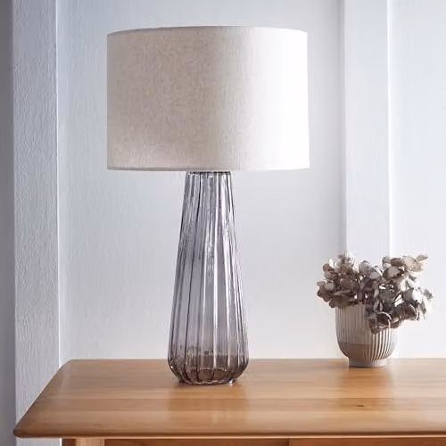 K LIVING Palma Smoke Glass Table Lamp with Grey Linen Shade, H 52 cm x W 30 cm x D 30 cm