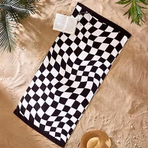 Catherine Lansfield Checkerboard Cotton Beach Towel in Black and White, W: 76 cm, L: 160 cm