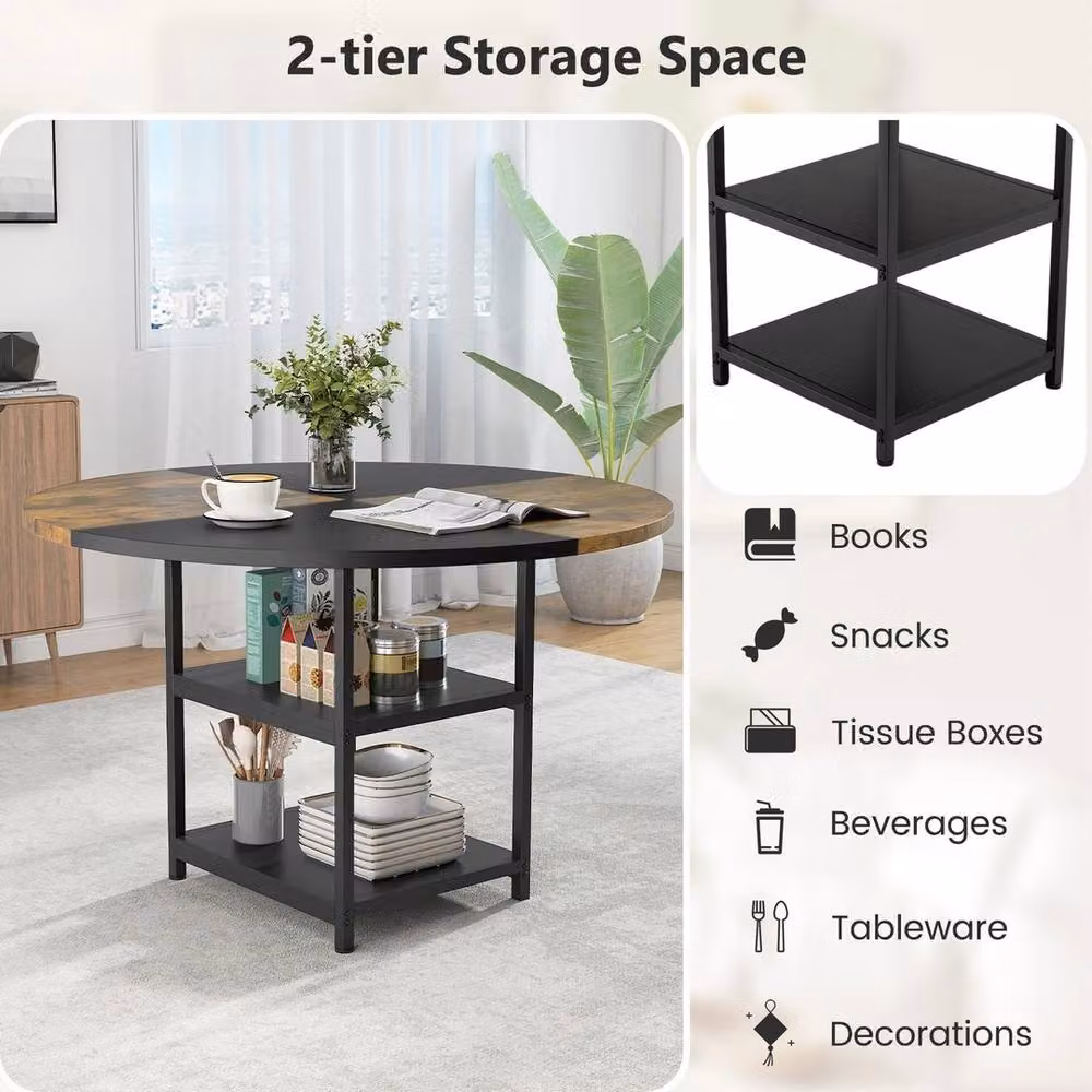 VOGREX Round Rustic Wooden Dining Table with 2 Storage Shelves in Black, Diameter: 120 cm, Height: 76 cm – 4
