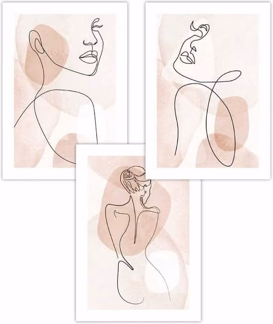 ARTZE Set of 3 Pink, Black and White Abstract Line Art Female Portrait Paper Posters, W: 59 cm, H: 84 cm